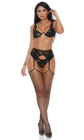 Black Lace Embroidered Three Piece Intimate Set Areous